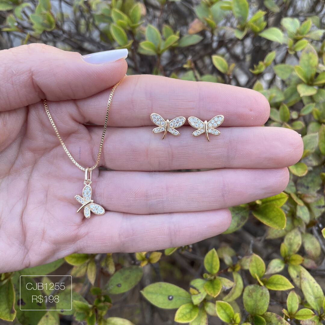 Conjunto de Libélula Cravejado Cristal Dourado